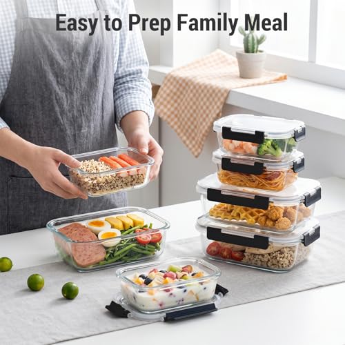 Dealusy 10 Sets (20-Piece) 36 oz & 12 oz Glass Food Storage Containers with lids, Airtight Leak-proof Glass Meal Prep Containers with Lids, Microwave Oven Freezer Dishwasher Safe, Black - color: Black