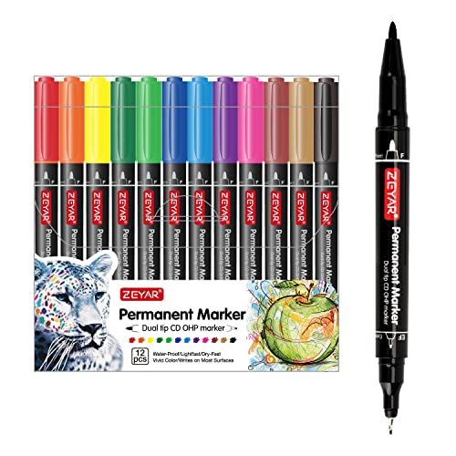 ZEYAR Twin Tip Permanent Markers, CD/DVD Markers, 12 Color, Ultra Fine Point and Fine Point for Signature and Marking (12 Colors) - color: 12 Colors