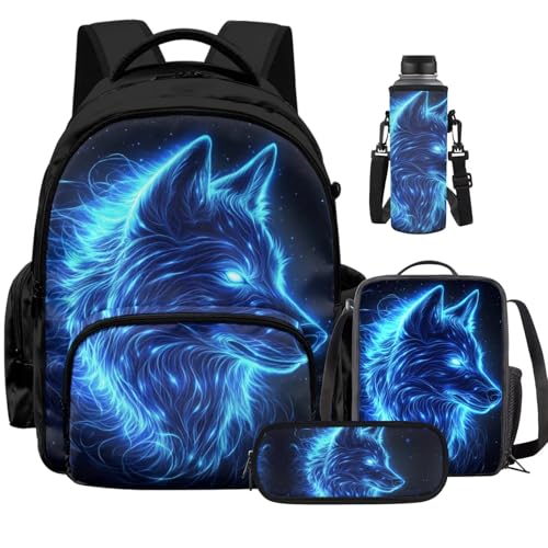 Galaxy Wolf Backpack for Boys Girls Backpack with Lunch Box Water Bottle Pouch & Soft Pencil Case 4PCS Set Bookbag with Front Pockets for School Teens 17 inch School Bag for Back to School - color: Blue Galaxy Wolf
