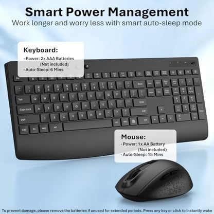 Wireless Keyboard and Mouse Combo, Full-Size Ergonomic Computer Set with Palm Rest, Lag-Free 2.4G USB Cordless Quiet Typing, Silent Click, Auto-Sleep for PC, Mac, Laptop, Windows (Black)