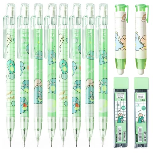 Cute Green Dinosaur Mechanical Pencil Set Include 8Pcs Kawaii Mechanical Pencils,2 Tubes Mechanical Pencil Lead Refills,2Pcs Dinosaur Erasers,for Office School Supplies - style: Dinosaur