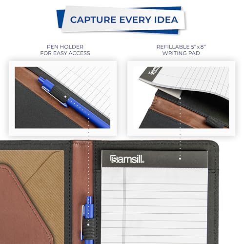 Samsill Contrast Stitch Faux-Leather Portfolio, Mini Size Business Interview Professional Padfolio, Includes 5 x 8 Inch Writing Pad, Brown - color: Brown