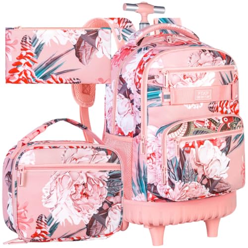 3Pcs Rolling Backpack for Girls Women, 19 Inche Adults Roller Bag with Wheels, Flower Wheeled Bookbag with Lunch Box(Pink) - color: Pink Flower