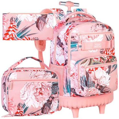 3Pcs Rolling Backpack for Girls Women, 19 Inche Adults Roller Bag with Wheels, Flower Wheeled Bookbag with Lunch Box(Pink) - color: Pink Flower