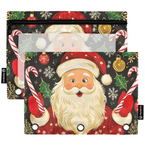 Studying 2 Pack Vintage Santa Claus Holding Candy Christmas Snow 3 Ring Binder Pencil Pouch Bags,Clear Window Zipper Storage Case for Boys Girls School Office Supplies Cosmetics Organizers - color: Multi-santa