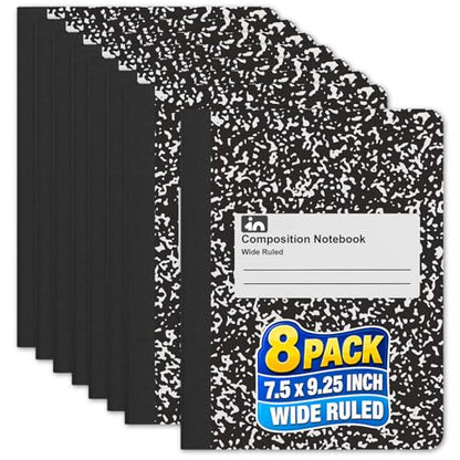 1InTheOffice Wide Ruled Composition Notebook 7.5" x 9.75", Wide Ruled Paper, 100 Sheets, White/Black, (8/Pack)