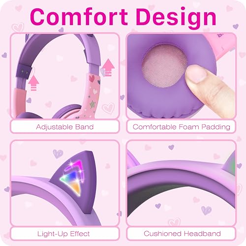 FosPower Kids Headphones with LED Cat Ears (85dB Safe Volume Limit), 3.5mm Soft On-Ear Wired Headphones with Tangle-Free Laced Cables for iPad/Tablet/School/Travel - Baby Pink/Lavender - color: 03 - Baby Pink/Lavender