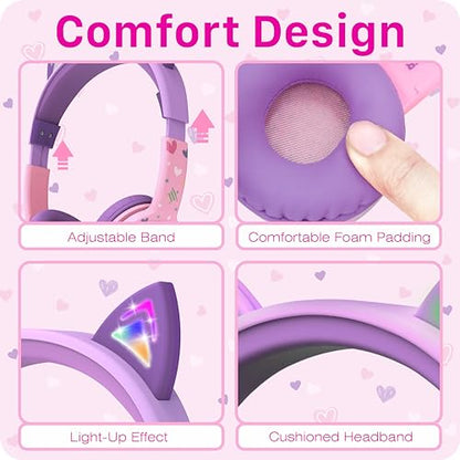 FosPower Kids Headphones with LED Cat Ears (85dB Safe Volume Limit), 3.5mm Soft On-Ear Wired Headphones with Tangle-Free Laced Cables for iPad/Tablet/School/Travel - Baby Pink/Lavender - color: 03 - Baby Pink/Lavender
