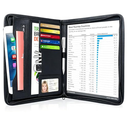 Zippered Padfolio Portfolio Binder, Leather Business Portfolio, & 8.5 x 11 Legal Pad, Office Supplies Organizer, Black Zippered Pocket, Planners, Resume, Briefcase for Travel and Interview - size: Black-13.5x10x1 inch