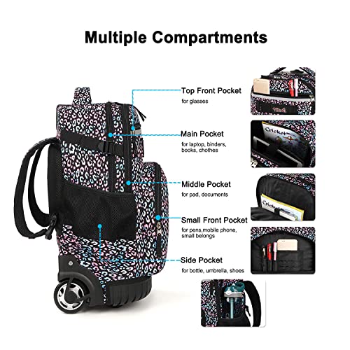 Tilami Rolling Backpack 18 inch Wheeled Backpack School College Student Travel Trip Boys and Girls - color: Colorful Leopard