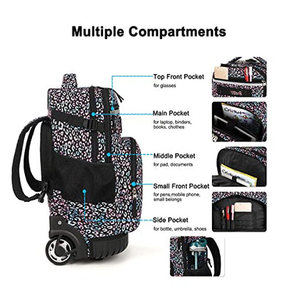 Tilami Rolling Backpack 18 inch Wheeled Backpack School College Student Travel Trip Boys and Girls - color: Colorful Leopard