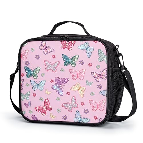 Butterfly Lunch Box for Girls Shining Colorful Butterflies Lunch Bag with Shoulder Strap for Kids Teens Durable Large Capacity Insulated Lunchbox Thermal Meal Bag for School Picnic Pink - color: A-Shining Butterfly