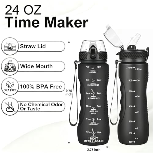 24 OZ Motivational Water Bottle With Time Marker,Leak Proof,Straw Lid, Tritan BPA Free Sports Water Bottle Black(1 Lid) - color: Black