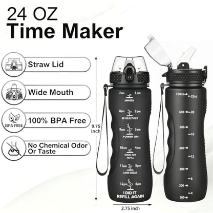 24 OZ Motivational Water Bottle With Time Marker,Leak Proof,Straw Lid, Tritan BPA Free Sports Water Bottle Black(1 Lid) - color: Black