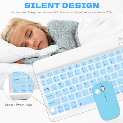 Bluetooth Keyboard and Mouse Combo, Qwert Layout Universal Ultra-Slim Wireless Keyboard Mouse Set for Android Windows iPad iPhone Samsung Tablet Portable Compact Keyboard Set, Light Blue - color: Blue