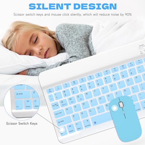Bluetooth Keyboard and Mouse Combo, Qwert Layout Universal Ultra-Slim Wireless Keyboard Mouse Set for Android Windows iPad iPhone Samsung Tablet Portable Compact Keyboard Set, Light Blue - color: Blue