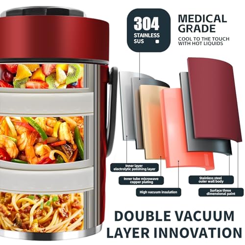 67 oz Adults Stainless Steel Vacuum Insulated Wide Mouth Soup Food Thermo Hot Food Jar with Keep Thermal Portable 3 Tier Stackable Bento Hot Food Containers Lunch Boxes (67 oz Red) - color: 67 oz Red