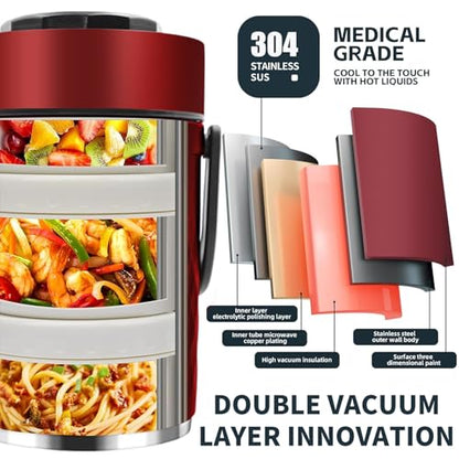 67 oz Adults Stainless Steel Vacuum Insulated Wide Mouth Soup Food Thermo Hot Food Jar with Keep Thermal Portable 3 Tier Stackable Bento Hot Food Containers Lunch Boxes (67 oz Red) - color: 67 oz Red