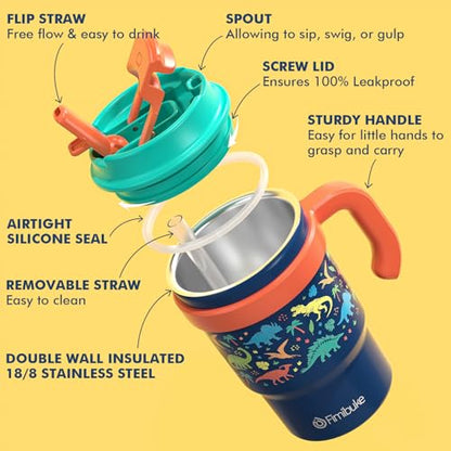 Fimibuke 16oz Kids Insulated Tumbler with Handle & Straws - 2 Pack BPA FREE 18/8 Stainless Steel Toddler Cups with Sip/Swig 2-in-1 Lids, Leak Proof Kid Drinking Cup Travel Mugs for Children Boys Girls - color: B4.Dinosaur & Monster Car