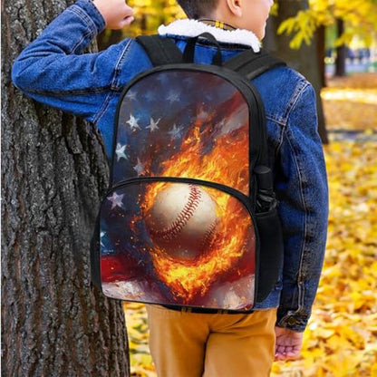 Horeset Baseball Flame American Flag Backpack for Kids Boys Travel Casual Backpack with Picnic Lunch Box Water Holder Case Primary Elementary School Bag Bookbag Set of 3Pcs 5-8 8-10 Years - color: Baseball Flame American Flag