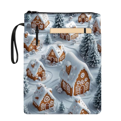 Padded Book Sleeve with Zipper & Front Pocket, Fabric Book Cover | Christmas Gingerbread House11.4"x8.7" Washable Canvas Pouch for Hardcovers, Tablets & Reading Accessories - color: Christmas Gingerbread House