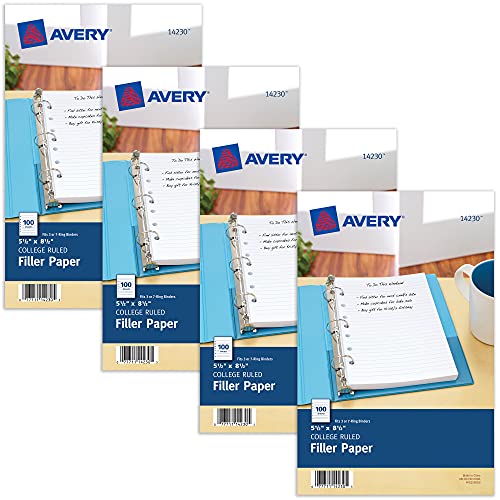 Avery Mini Binder Filler Paper, College Ruled, 5-1/2" x 8-1/2", 100 Sheets Per Pack, 4 Packs (14230) - style: 4 Pack