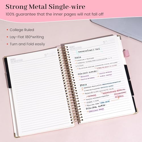 FLYING EAGLE Leather Spiral Notebooks for Work 5 Subject Notebook College Ruled with Dividers Pen, 360 Pages B5 Hardcover Lined Journals for Women Men Writing,Pink - color: C.pink