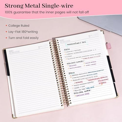 FLYING EAGLE Leather Spiral Notebooks for Work 5 Subject Notebook College Ruled with Dividers Pen, 360 Pages B5 Hardcover Lined Journals for Women Men Writing,Pink - color: C.pink