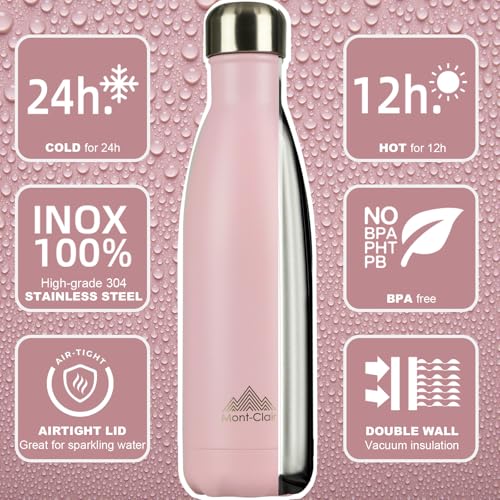 Mont-Clair Stainless Steel Water Bottle, Vacuum insulated - BPA Free, 12h Hot & 24h Cold Drinks, Metal Water Bottle 17 oz Leakproof, Ideal for Adult, Kids, Running - Pink - color: Pink, style: 17 Ounces