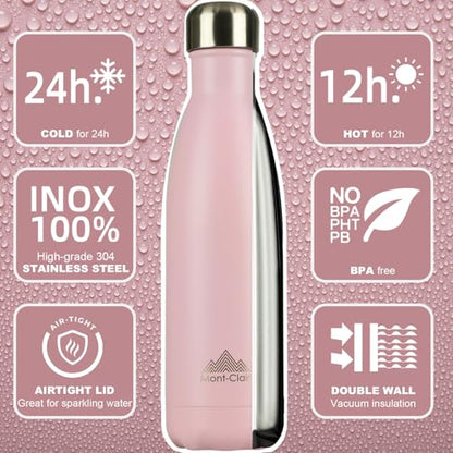 Mont-Clair Stainless Steel Water Bottle, Vacuum insulated - BPA Free, 12h Hot & 24h Cold Drinks, Metal Water Bottle 17 oz Leakproof, Ideal for Adult, Kids, Running - Pink - color: Pink, style: 17 Ounces