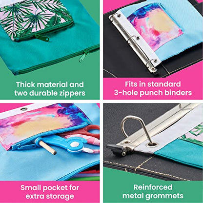 It's Academic Pencil Pouch for 3-Ring Binder, 2-Pockets with Zipper, for School Supplies, Large & Mini Pouch, Palm Tree & Watercolor Design, 2-Pack - color: Light Blue/Teal