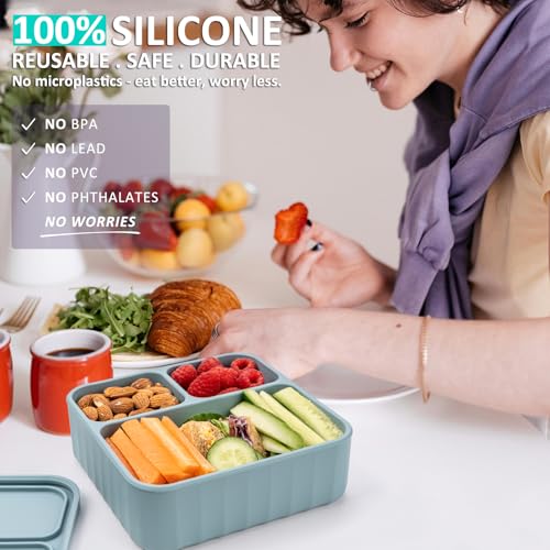 Silicone Bento Box Adult Lunch Container, 3 Compartment Container, Food Grade Silicone Bento Lunch Box for Work Travel Meal Prep, Leak-proof Food Storage Container（1 Pack Nile Blue） - color: Nile Blue | 32oz | 3-Compartment