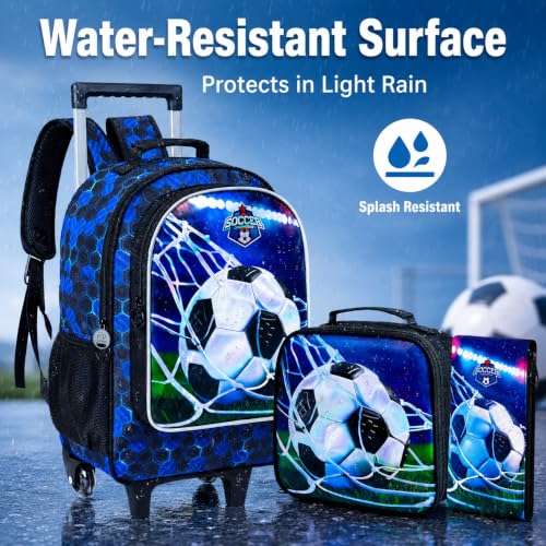 AGSDON 3PCS Rolling Backpack for Girls and Boys, Kids Roller Wheels Bookbag, Wheeled Elementary School Bag with Lunch Bag - color: Football Roller