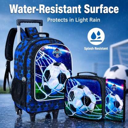 AGSDON 3PCS Rolling Backpack for Girls and Boys, Kids Roller Wheels Bookbag, Wheeled Elementary School Bag with Lunch Bag - color: Football Roller