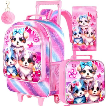 AGSDON 3PCS Rolling Backpack for Girls and Boys, Kids Roller Wheels Bookbag, Wheeled Elementary School Bag with Lunch Bag - color: Three Dog