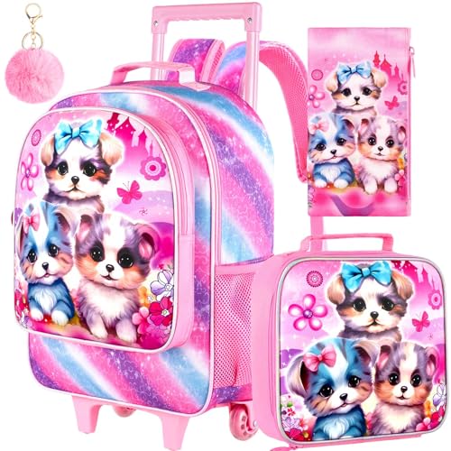 AGSDON 3PCS Rolling Backpack for Girls and Boys, Kids Roller Wheels Bookbag, Wheeled Elementary School Bag with Lunch Bag - color: Three Dog