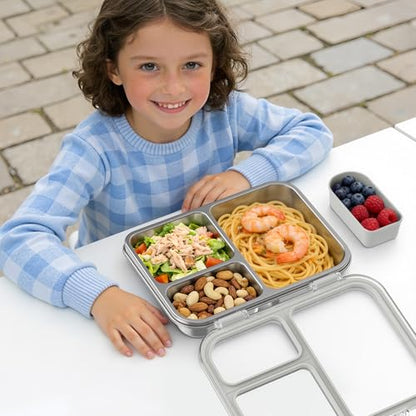 Stainless Steel Bento Box for Kids, 3-Compartment Metal Lunch Box with Clear Lid & Removable Silicone, Lunch Box Kids with Silicone Inner Container for Meal Prep, School, Office (Grey) - color: Grey
