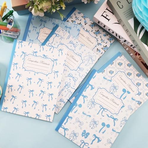 6 Pack Blue Bow Composition Notebooks, Preppy Cute Coquette Notebook,110 Page 9-3/4 x 7-1/2" Aesthetic College Ruled Journal Back to School Gifts First Day of School Favors for Teachers - color: Blue