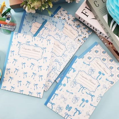 6 Pack Blue Bow Composition Notebooks, Preppy Cute Coquette Notebook,110 Page 9-3/4 x 7-1/2" Aesthetic College Ruled Journal Back to School Gifts First Day of School Favors for Teachers - color: Blue