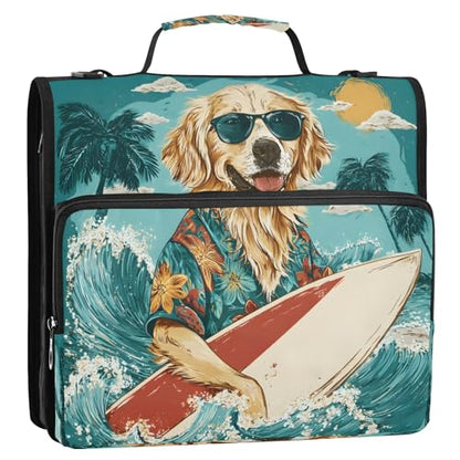 3-Ring Zipper Binder with Shoulder Strap Zip-Up Expanding File Folder Organizer Storage Fireproof Accordion Trapper Keeper Home School Office Three Butterfly (Puppy Surfboard)