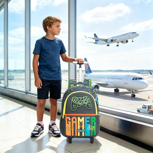 Kids Rolling Backpack for Boys 16.5" School Roller Backpack with Lunch Box, Toddler Backpacks with Wheels Rollig Wheeled Backpacks for Elementary School - color: Black Game