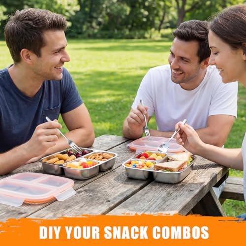 36 Pcs Stainless Steel Snack Container Set with Fork, Knife, Spoon & Chopsticks – 6 Pack 20.3 oz Leakproof Bento Snack Boxes, 2-compartment Food Storage Container for Fruit, Meal Prep & Travel - style: 3-compartments