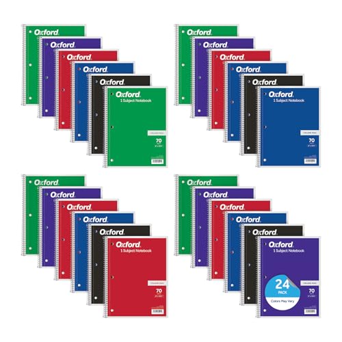 Oxford Spiral Notebooks, Bulk College Ruled Spiral Notebooks for School, 1-Subject, College Ruled Paper, 70 Lined Sheets, 24 per Pack, 3-Hole Punch, Colors May Vary (65021)