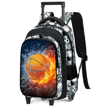 Boys Rolling Backpack for Kids - Basketball Kids Rolling Backpack with Wheels for Elementary Middle School Students - Sport Roller School Bookbag Aged 6-18, Wheeled Travel Bag Large Capacity - color: Basketball-001-backpack Only