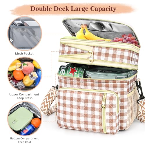 LOKASS Lunch Box for Women-16L-Insulated Lunch Bag Women, Expandable Double-layer Leakproof Cooler Bag with Upgrade Adjustable Shoulder Strap Ideal for Work/Travel/Picnics（Brown&White Check） - color: Brown&White Check