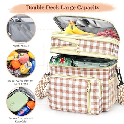 LOKASS Lunch Box for Women-16L-Insulated Lunch Bag Women, Expandable Double-layer Leakproof Cooler Bag with Upgrade Adjustable Shoulder Strap Ideal for Work/Travel/Picnics（Brown&White Check） - color: Brown&White Check