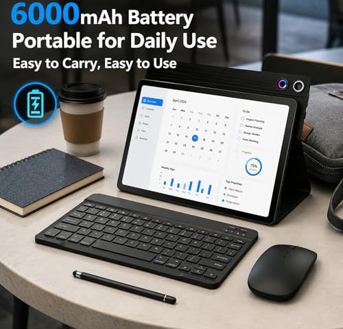 Jeazans Android 16 Tablet 10.1 Inch, 2-in-1 Tablet Bundle with Keyboard, Wireless Mouse, Stylus, Leather Case, Dual Camera, 64GB Storage+1TB Expansion, Portable Laptop for Students & Business