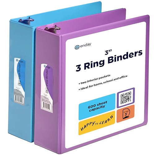 3 Inch Binder (2 Pack) Blue and Purple 3 Ring Binder 3 inch, Clear View Cover with 2 Inside Pockets, Three Ring Binders for Home, Office and School Supplies - Enday - color: Blue - Purple, size: 3-Inch