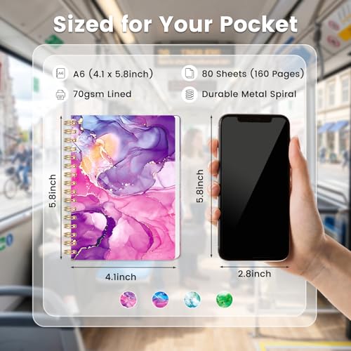 BOOKNOW 4PCS Mini Spiral Notepads, Pocket Marble Notebooks A6 Small Spiral Journal College Ruled Hardcover Notepads for Women Aesthetic Gift Office School Supplies, 4.1x 5.8 Inch, 640 Pages