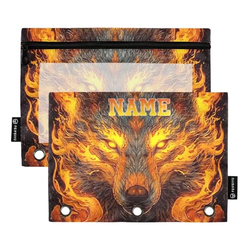 Personalized Custom Orange Black Flame Wolf Head Pencil Pouch for 3 Ring Binder Black Spider Web 2 Pack Binder Pouches Clear Window Zipper Pencil Case Cosmetic Organizer Bags